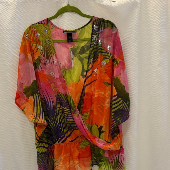 Lane Bryant Tropical Wrap Blouse - Pink, Orange, Green - Picture 1 of 6